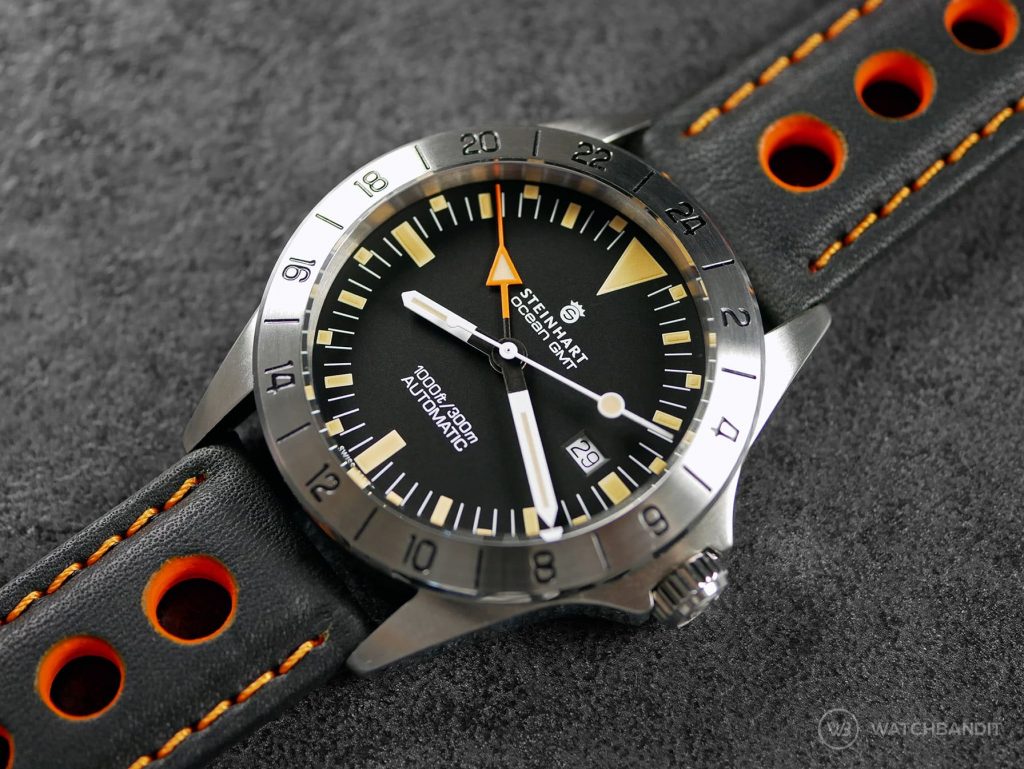 Steinhart Ocean Vintage GMT Orange Schwarz Barington Racing Leder Uhrenarmband