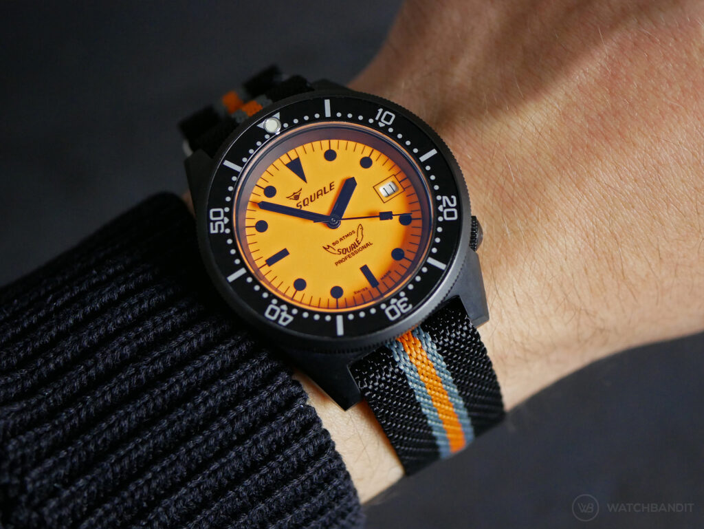 Watchbandit-Einteiliges-NATO-Schwarz Orange-Squale-Luminoso Arancia