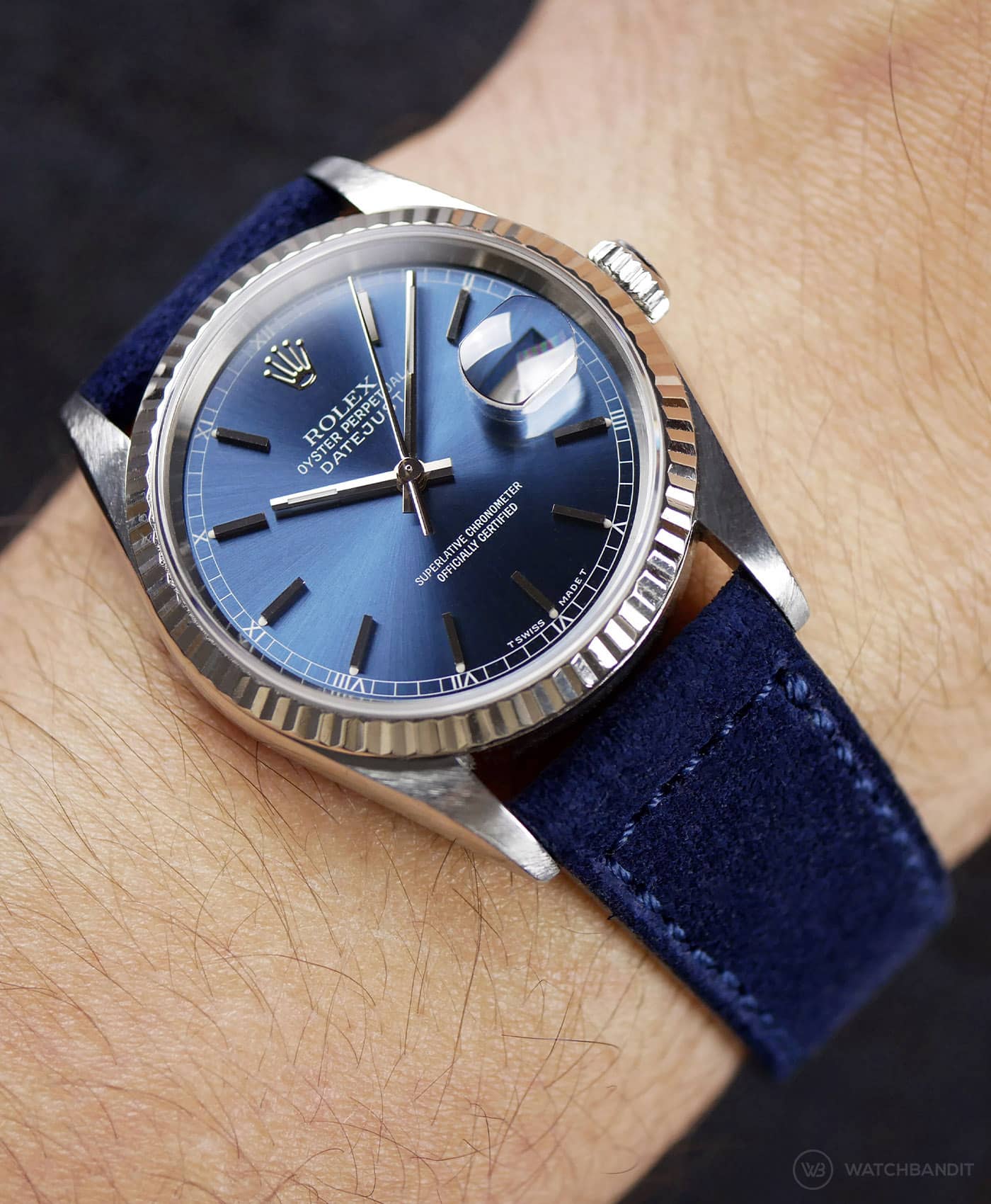 Rolex Datejust Blue 16234-Dark Blue Suede leather strap-wrist shot