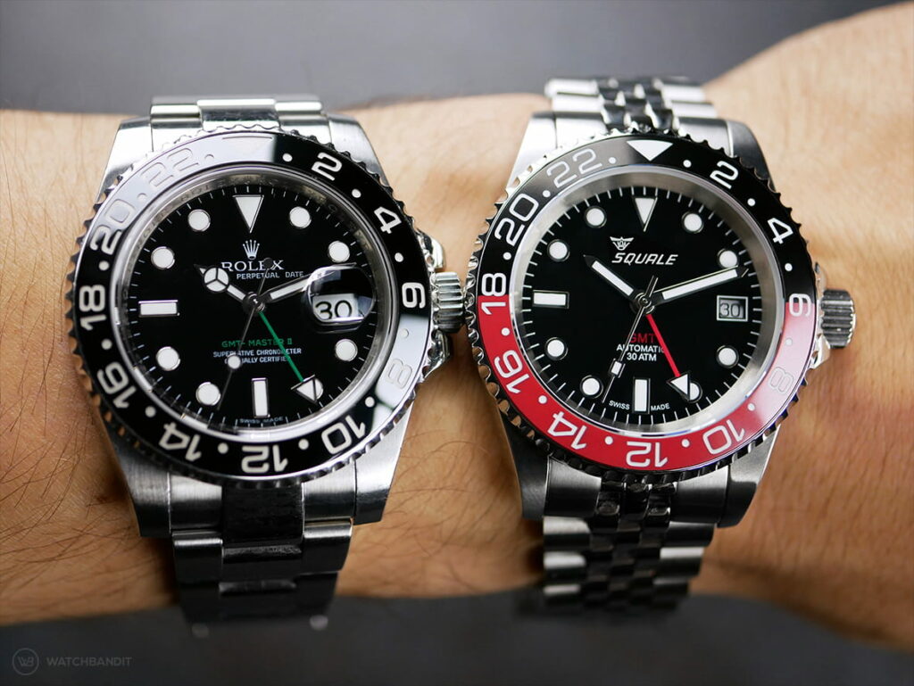 Squale GMT vs Rolex GMT-wrist shot