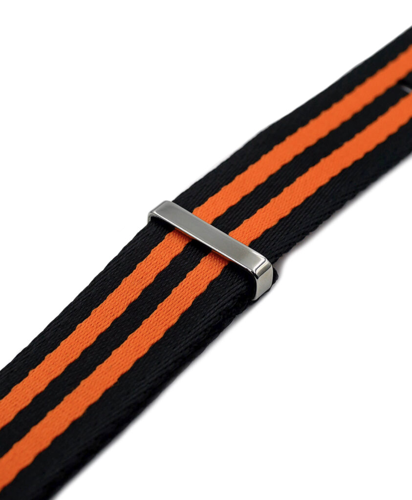 Premium-Nato-Strap-Black-Orange-Polished-buckle-band-side