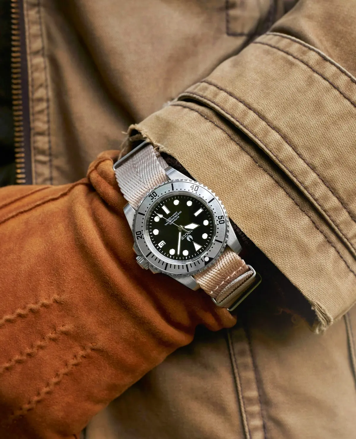 watchbandit-herringbone-nylon-watch-strap-beige watchbandit-herringbone-nylon-watch-strap-beige with canvas jacket style