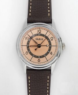 Vario - Empire Seasons True GMT - Autumn Salmon Automatic Dress Watch - Espresso Brown Leather & Metal Bracelet-min