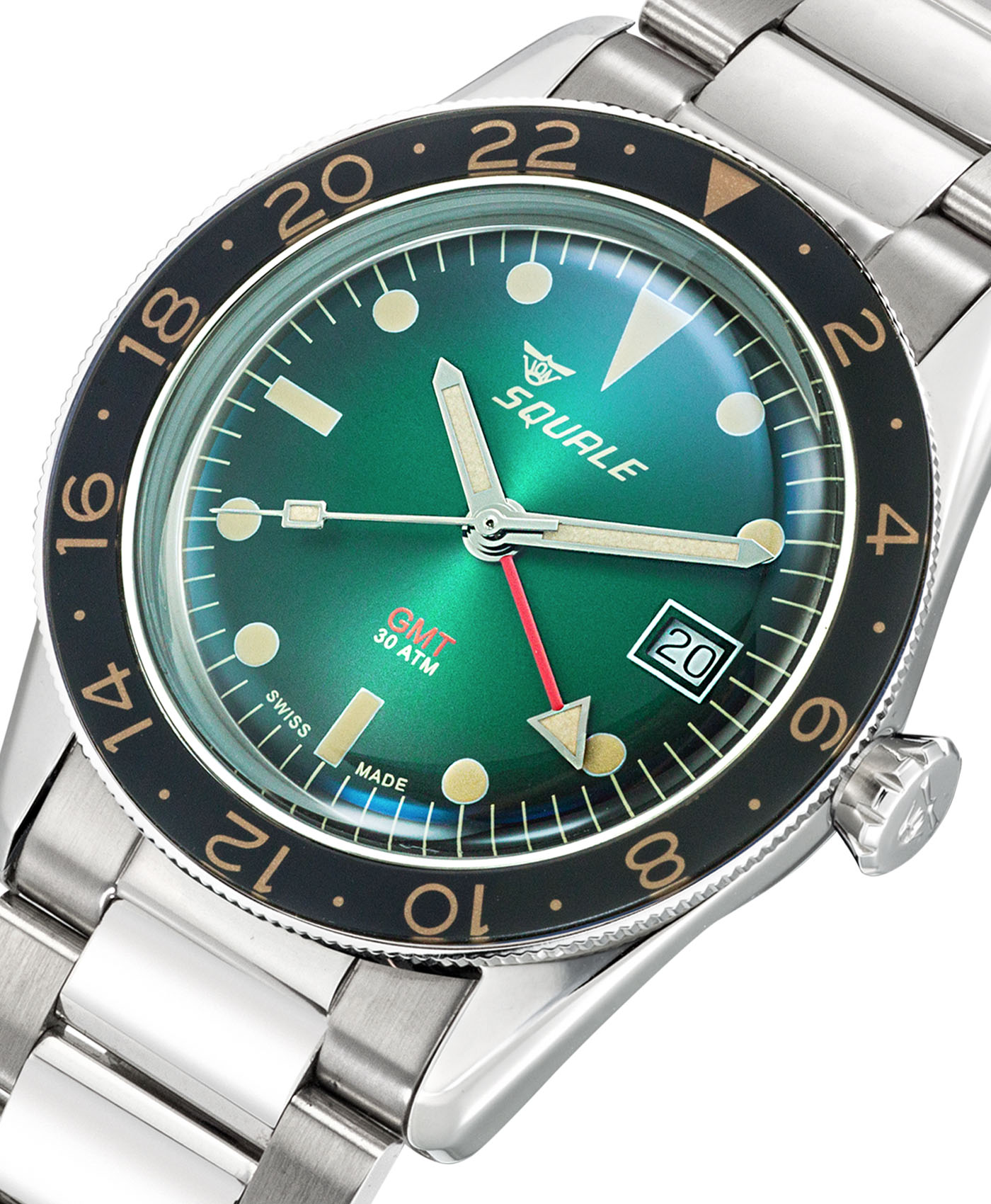 Squale - SUB 39 - GMT Vintage - Green - Metal Bracelet-close up