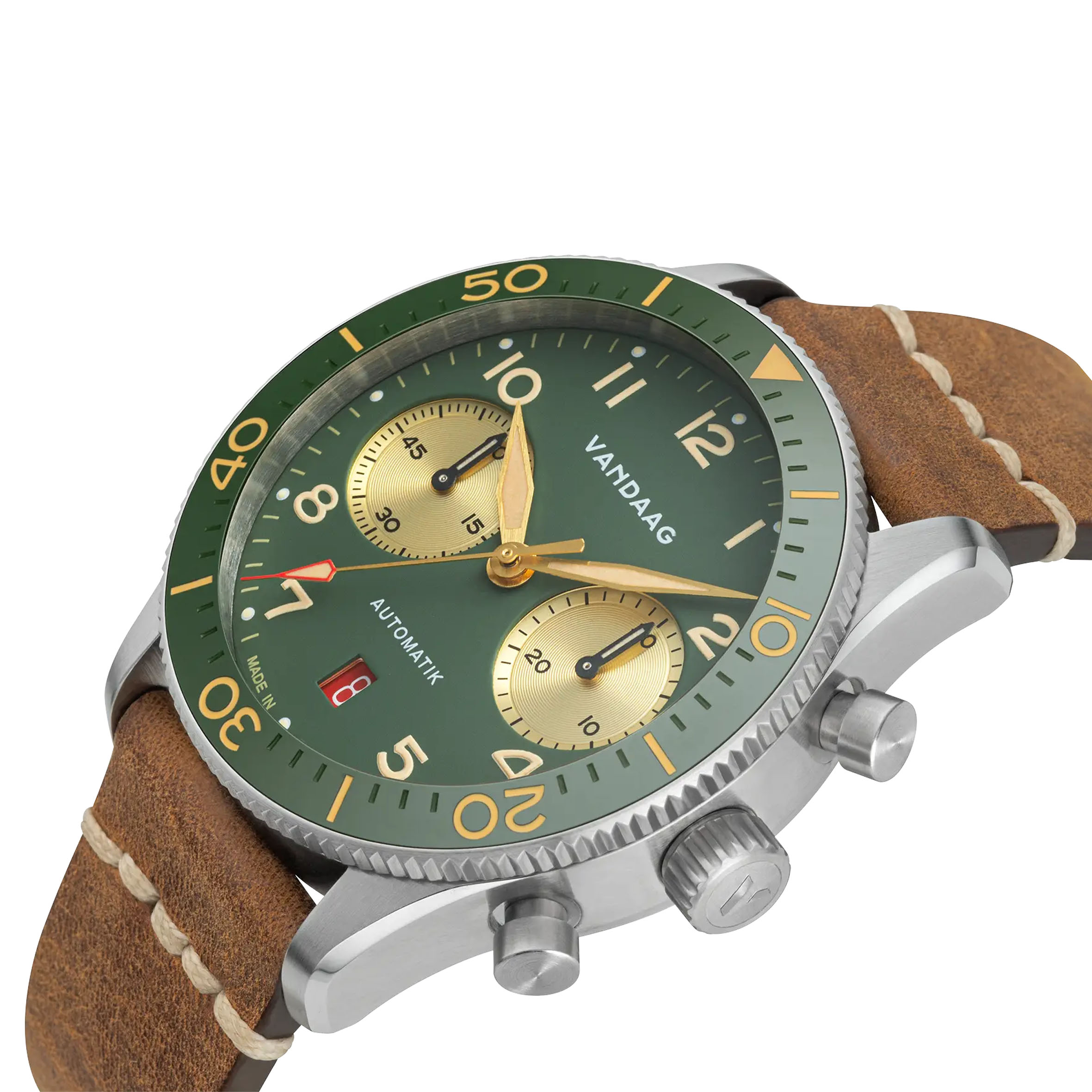 Vandaag - Schallmauer Automatik - Gold-Harmonie - Tweede Pelle Leather Strap Light Brown with White Stitching - close up Vandaag - Schallmauer Automatik - Gold-Harmonie - Tweede Pelle Leather Strap Light Brown with White Stitching - close up