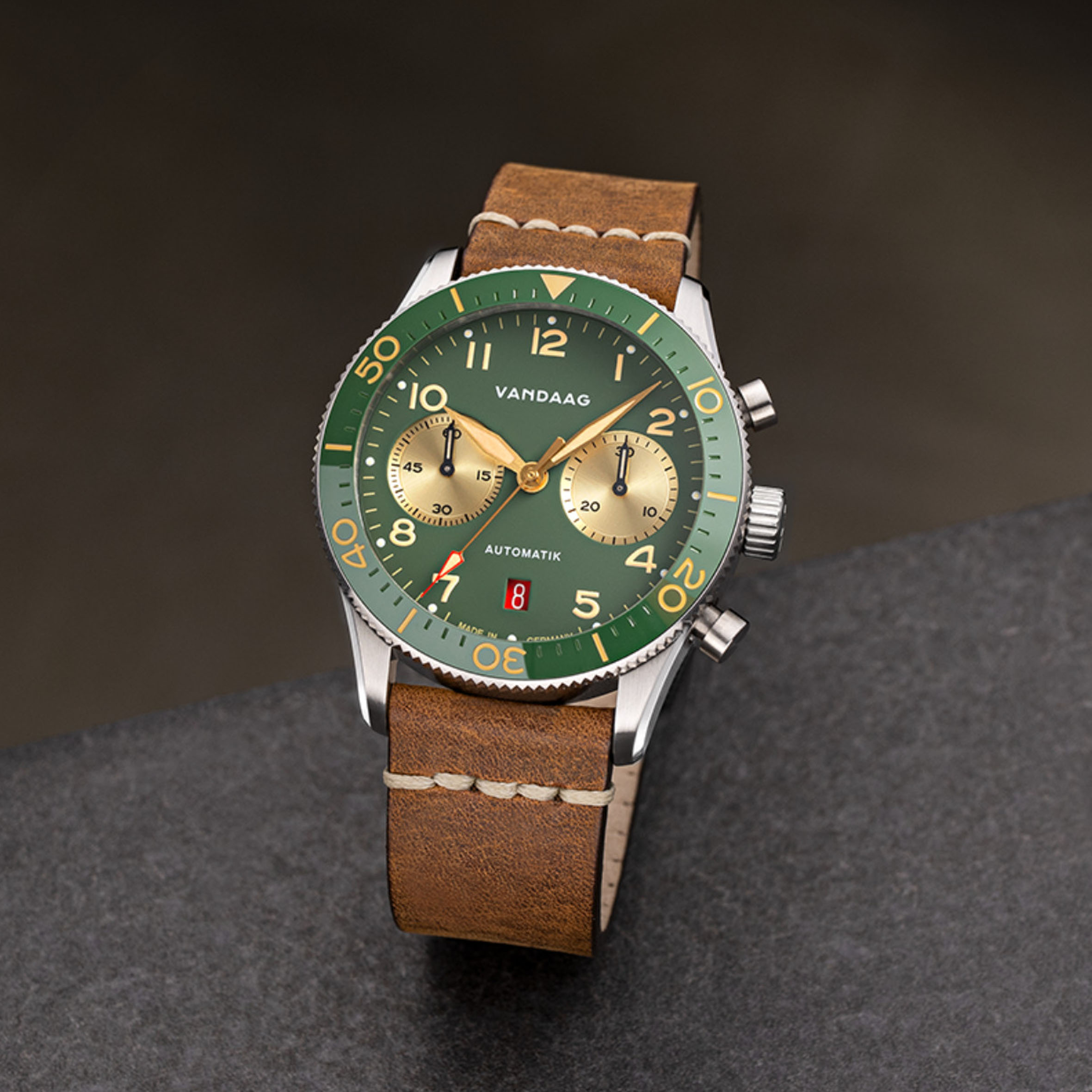 Vandaag - Schallmauer Automatik - Gold-Harmonie - Tweede Pelle Leather Strap Light Brown with White Stitching - mood Vandaag - Schallmauer Automatik - Gold-Harmonie - Tweede Pelle Leather Strap Light Brown with White Stitching - mood