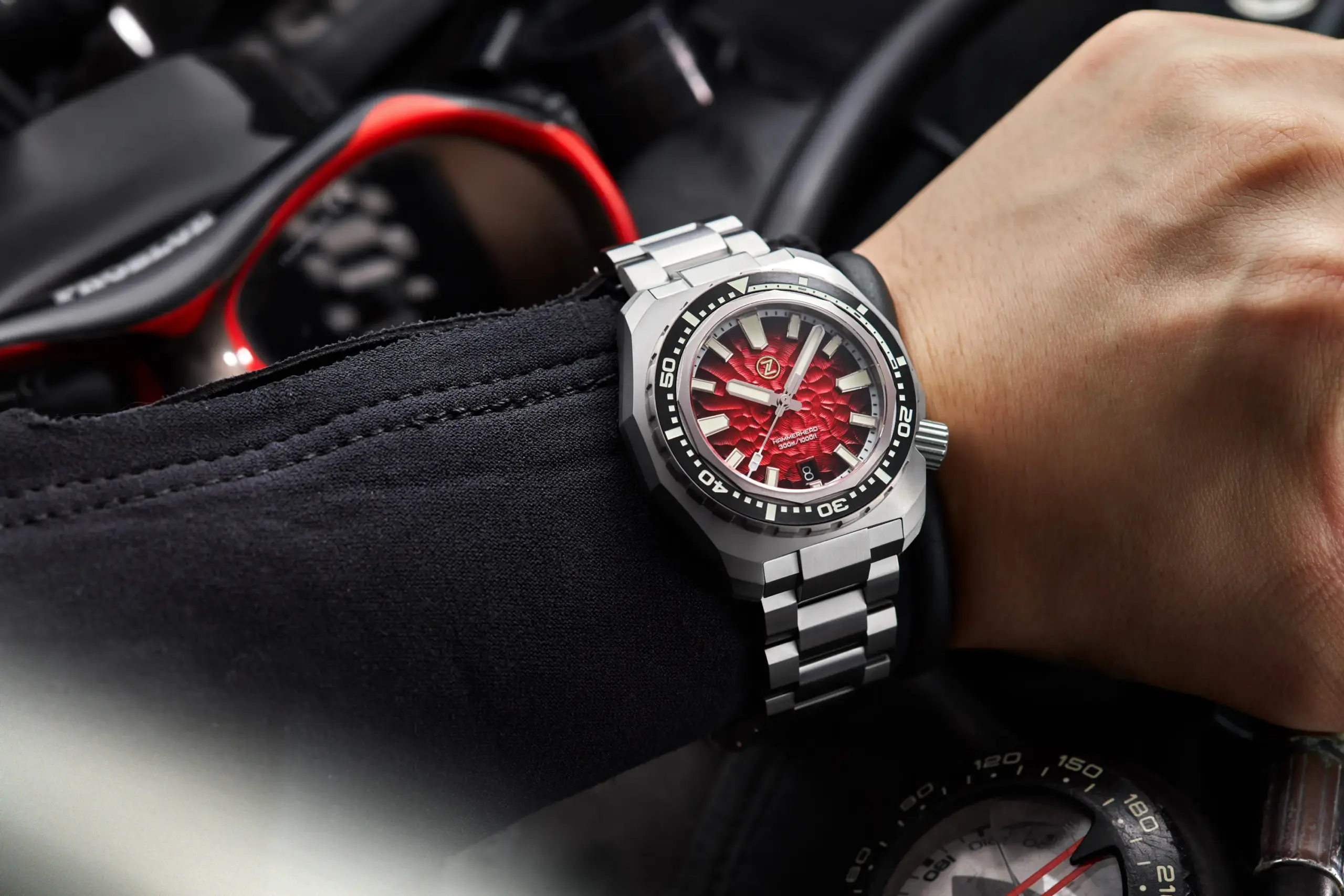 Zelos hammerhead red dial wrist shot