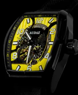 Audaz black and yellow watch dial close up